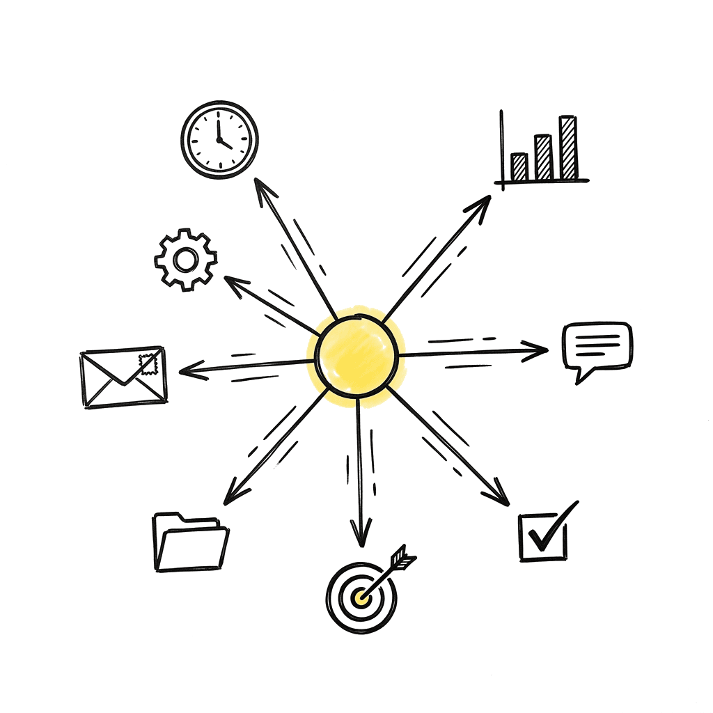 Sketch hand-drawn cu un nucleu central care dispatch-uiește simultan spre task-uri multiple, sugerând operare rapidă pe mai multe paliere.