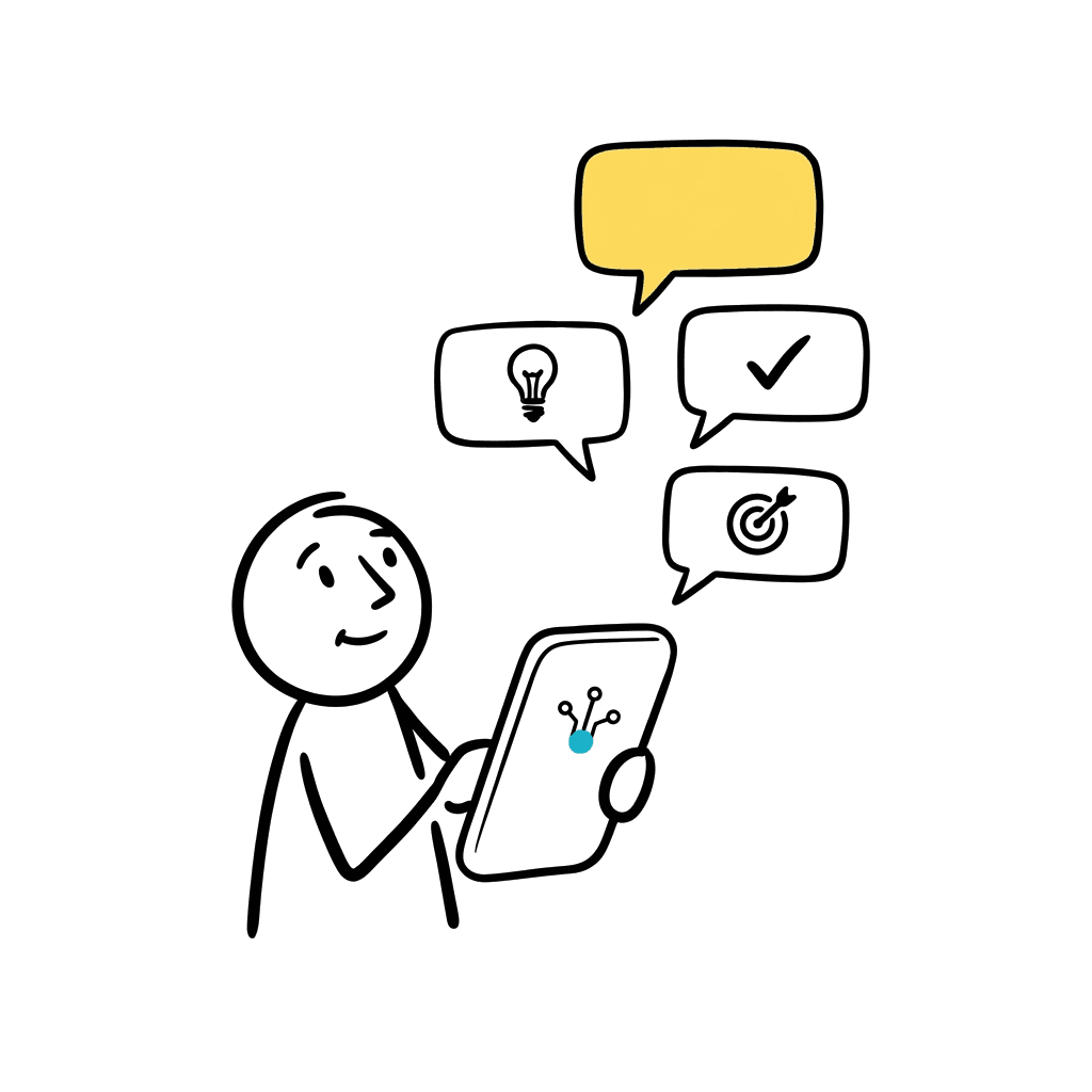 Sketch hand-drawn cu un antreprenor care folosește un AI personal pe telefon, primind insights, decizii și ținte direct de la asistentul calibrat pe el.